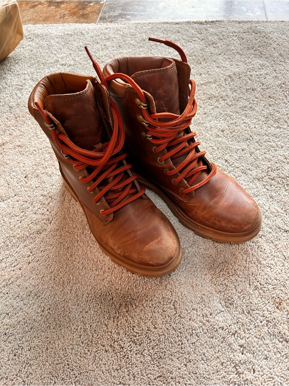 Sorel Women's Brown Leather Lace-Up Boots with Orange Laces